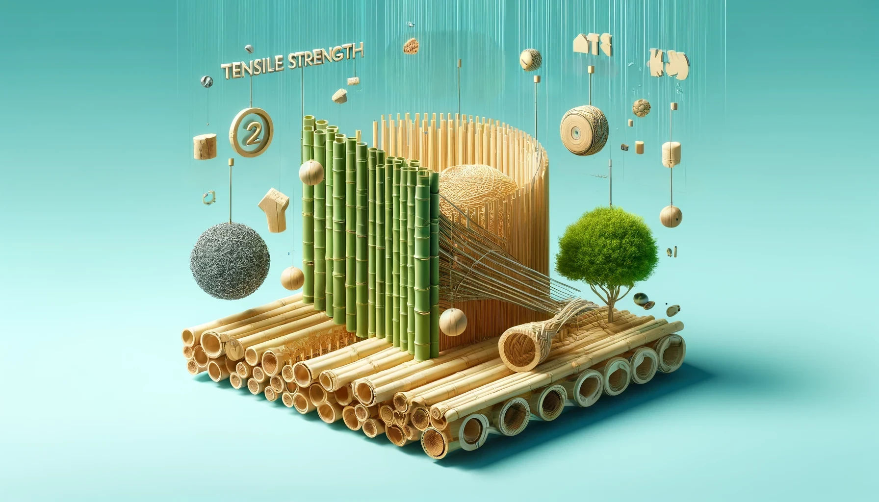 Create an image illustrating the unique properties of bamboo as a sustainable building material ensuring there is no text in the image. The image sho